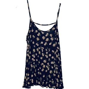Poetry Tank Top Adjustable Spaghetti Straps Flowy Navy With White Flowers